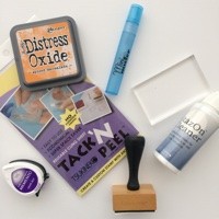 Stempelinkt en stempelaccessoires voor stempelen Distress Oxide inkt, Tack n Peel, Memento, Acrylic bloc, Stazon Cleaner en een Ink Blending tool